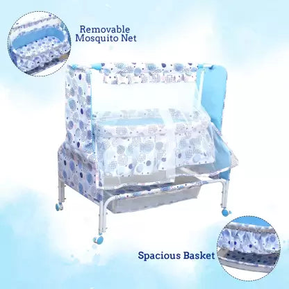 MeeMee Baby Cradle with Swing, Mosquito Net, Storage Basket (Blue)
