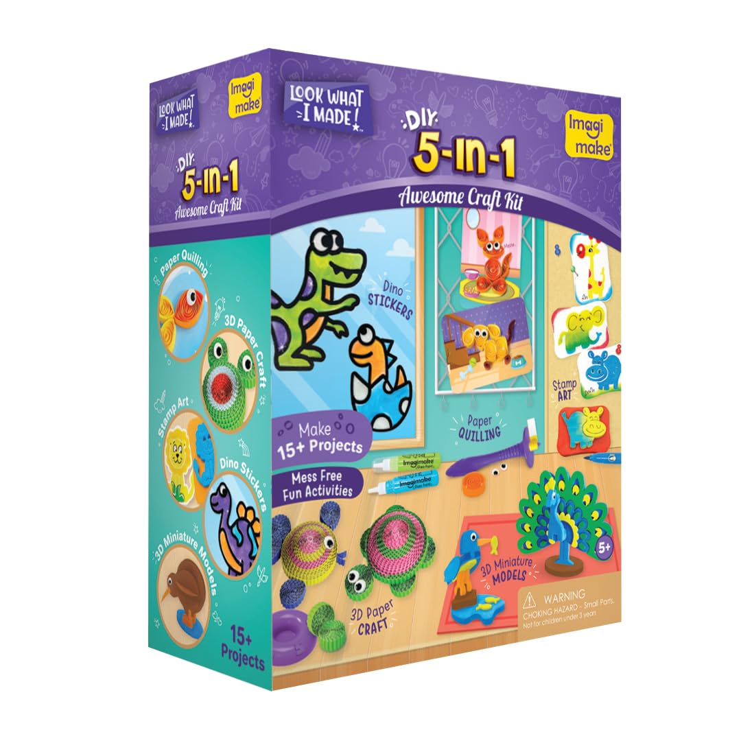 5-in-1 Awesome Foam Arts and Crafts Kit with Air Dry Clay, Paper Quilling Kit, Stamp, Gifts for 5, 6, 7, 8 Year Old Kids, Girls & Boys, Multicolour