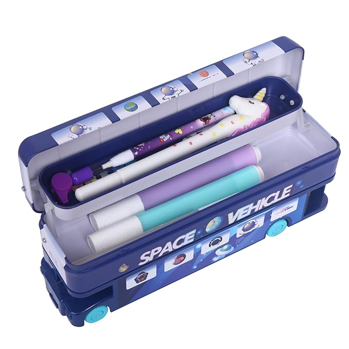 Bus Shape Pencil Box with String Operated Wheels