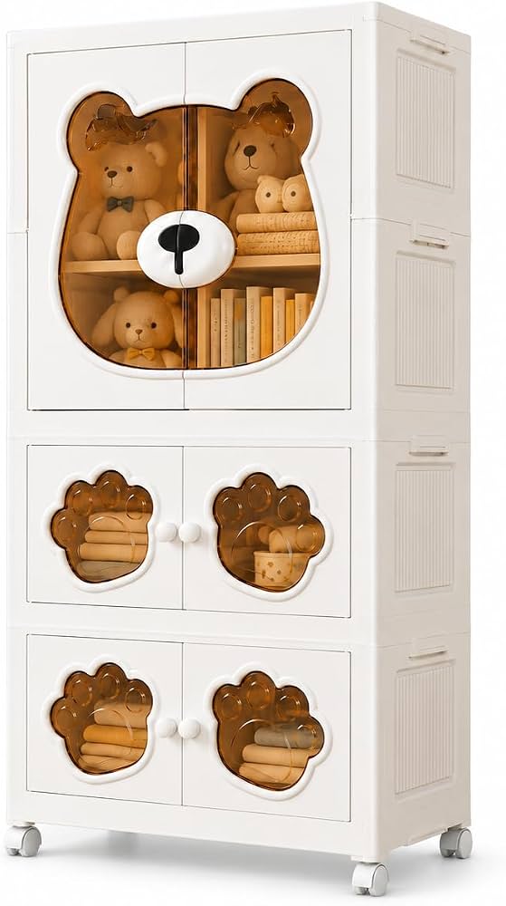 Bear Kids Wardrobe 4 Layer Foldable Storage Cabinet - Plastic Almirah for Kids Clothes, Toys Organizer with Hanging Rod & Wheels