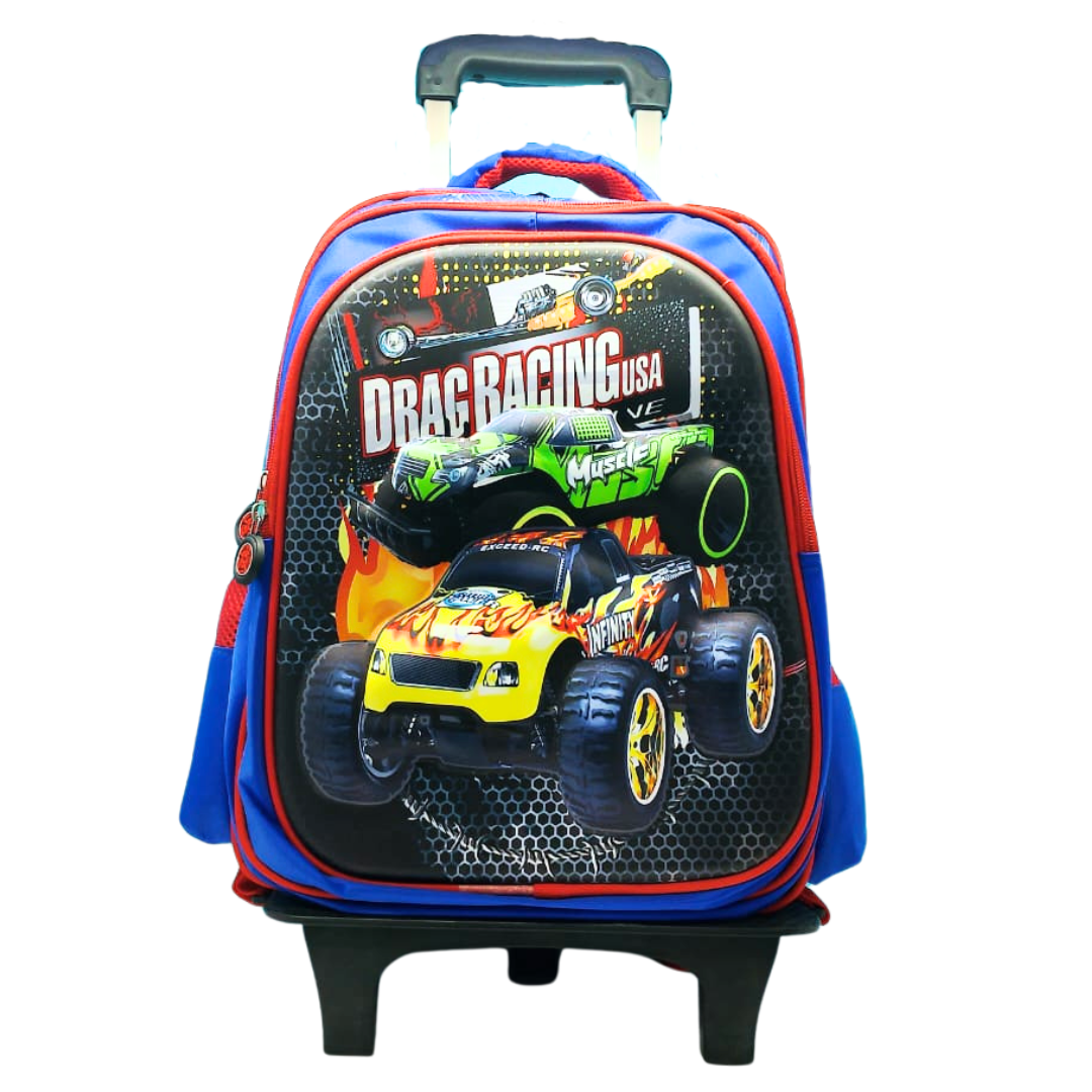 Drag Racing Printed Trolley Backpack For Kids (Navy Blue)