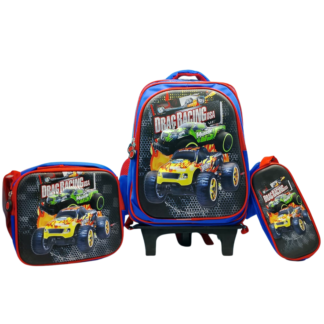 Drag Racing Printed Trolley Backpack For Kids (Navy Blue)