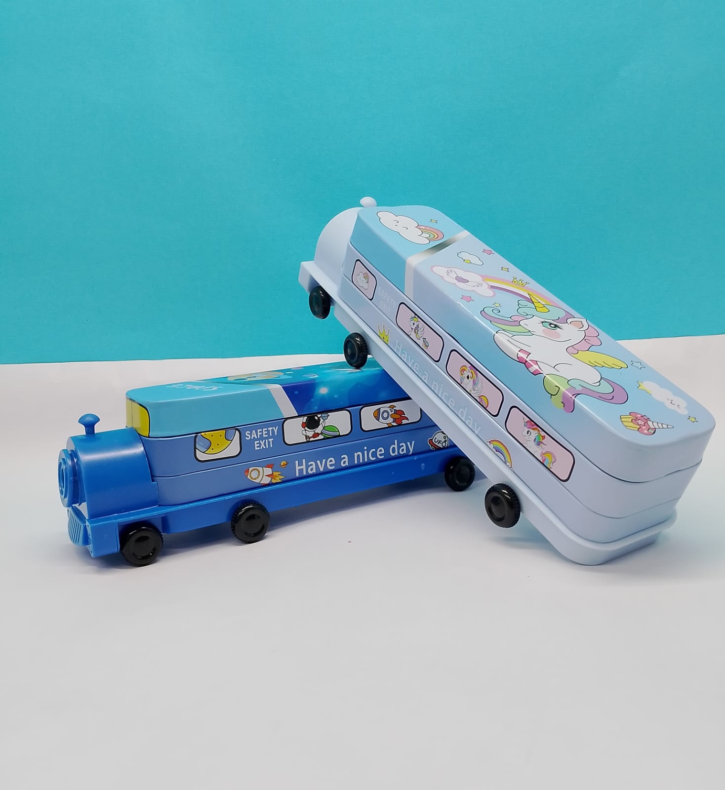 Kids Bus Pencil Box with Moving Tyres & Sharpener