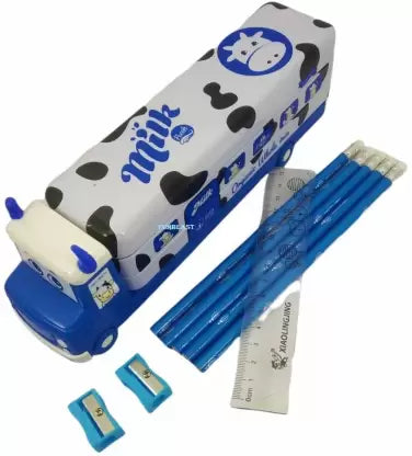 Bus Geometry Box Cartoon Bus Art Metal Pencil Box (Set of 1, Multicolor)