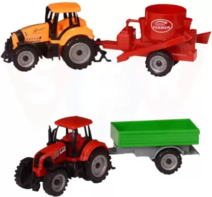 Farmer Set Tractor Toy with Trolley Mixer and Water Milk Tanker Friction Power (Multicolor)