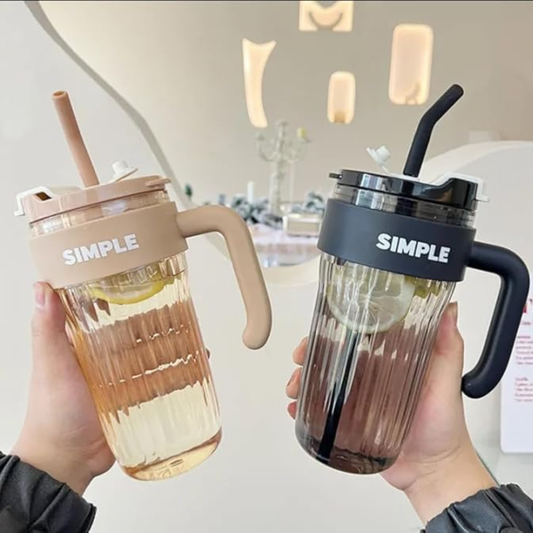 Simple Water Bottle with Straw, Handle Mug Cup (Pink)