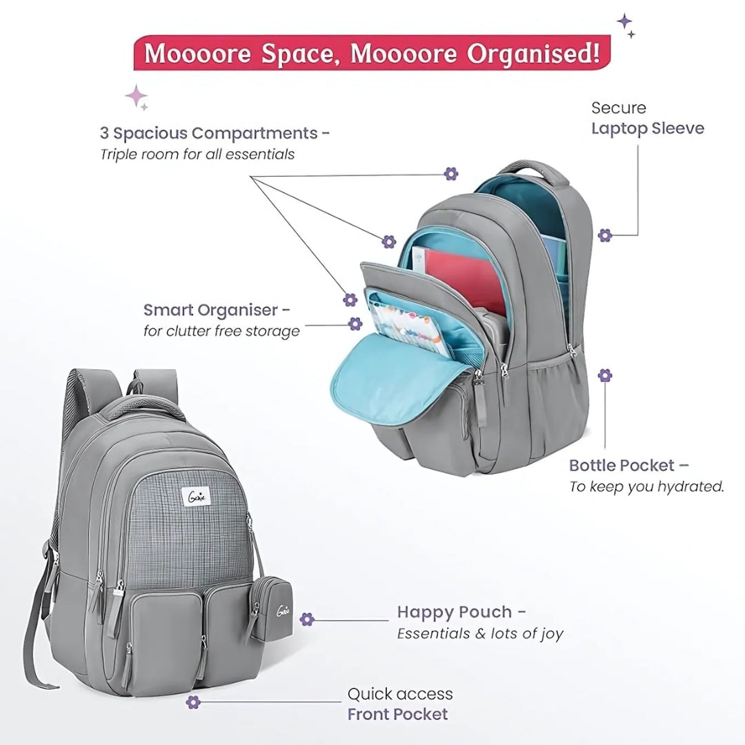 School Backpack For Girls |19 In-36 Ltr with Laptop ( Grey )