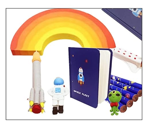 Crackles Space Theme Design Stationery Writing Set For Kids (5 Pencils, 5 Different Shapes Erasers, 1 Notebook, 1 Sharpener)