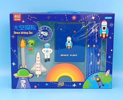 Crackles Space Theme Design Stationery Writing Set For Kids (5 Pencils, 5 Different Shapes Erasers, 1 Notebook, 1 Sharpener)