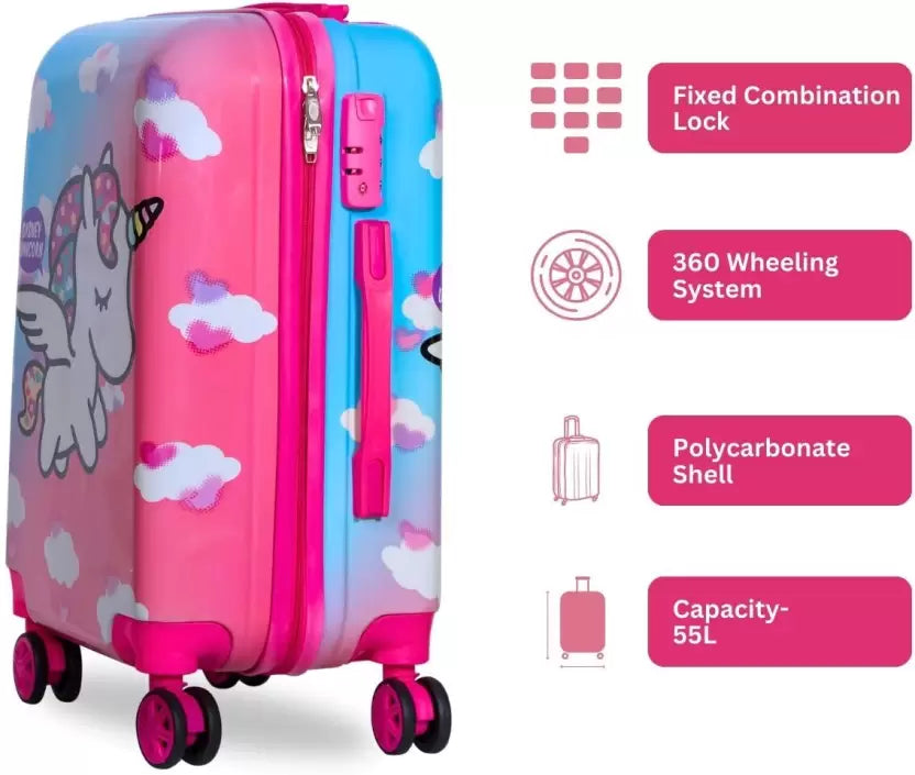 Kid's Polycarbonate Unicorn Printed 360 Degree Rotating Wheels Non-Breakable Trolley Bag (Pink )