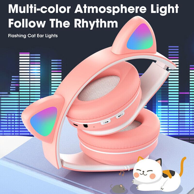 Cute Cat Ear Headset with LED Lights, Noise Cancelling Stereo Gaming Headphones