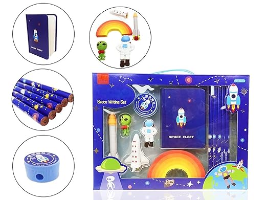 Crackles Space Theme Design Stationery Writing Set For Kids (5 Pencils, 5 Different Shapes Erasers, 1 Notebook, 1 Sharpener)