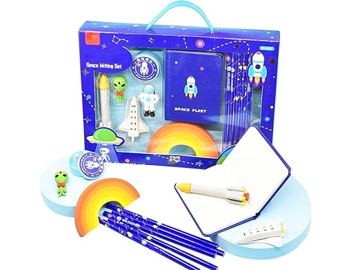Crackles Space Theme Design Stationery Writing Set For Kids (5 Pencils, 5 Different Shapes Erasers, 1 Notebook, 1 Sharpener)