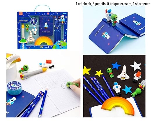 Crackles Space Theme Design Stationery Writing Set For Kids (5 Pencils, 5 Different Shapes Erasers, 1 Notebook, 1 Sharpener)