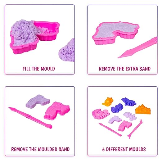 6 सांचों के साथ यूनिकॉर्न रेत कला | बच्चों के लिए नरम रेत मिट्टी किट