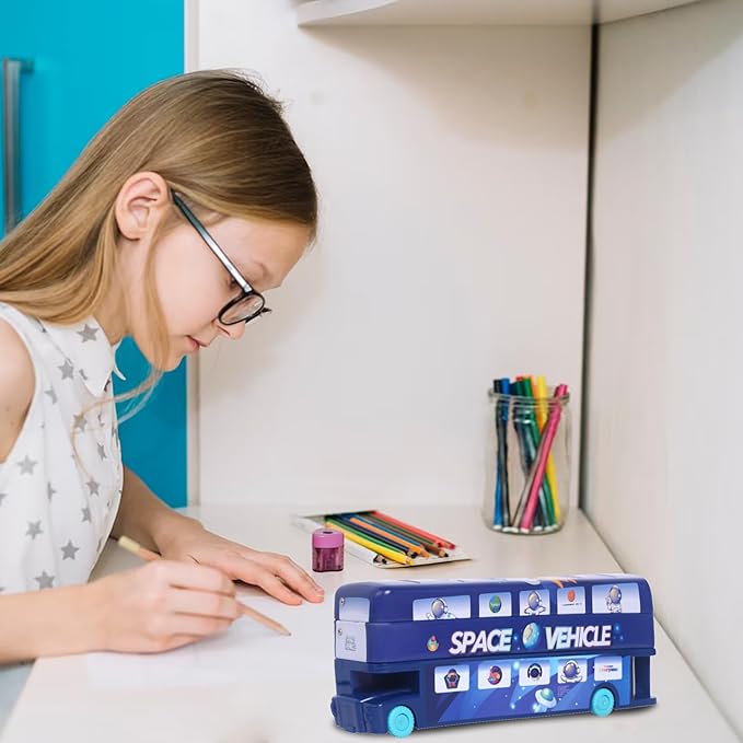 Bus Shape Pencil Box with String Operated Wheels