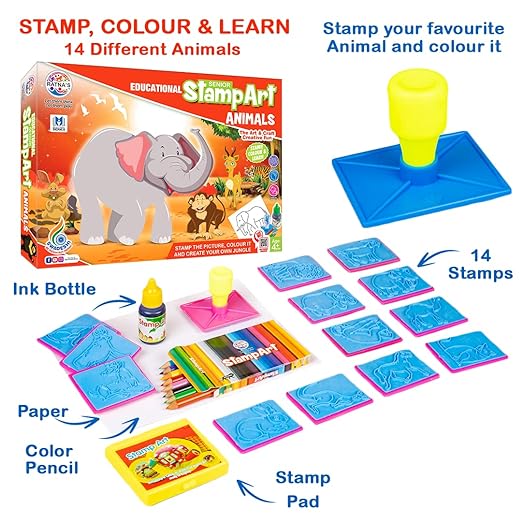 Educational Art & Craft Stamp Art Animal Big with 12 Different Animal Stamps for Kids Ages 3+