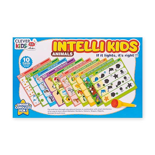 इंटेलिकिड्स एनिमल्स एक परफेक्ट इलेक्ट्रो गेम। 10 दो तरफा मुद्रित कार्ड। अगर यह रोशनी करता है तो यह सही है। जानवरों के बारे में जानने का एक मज़ेदार तरीका 