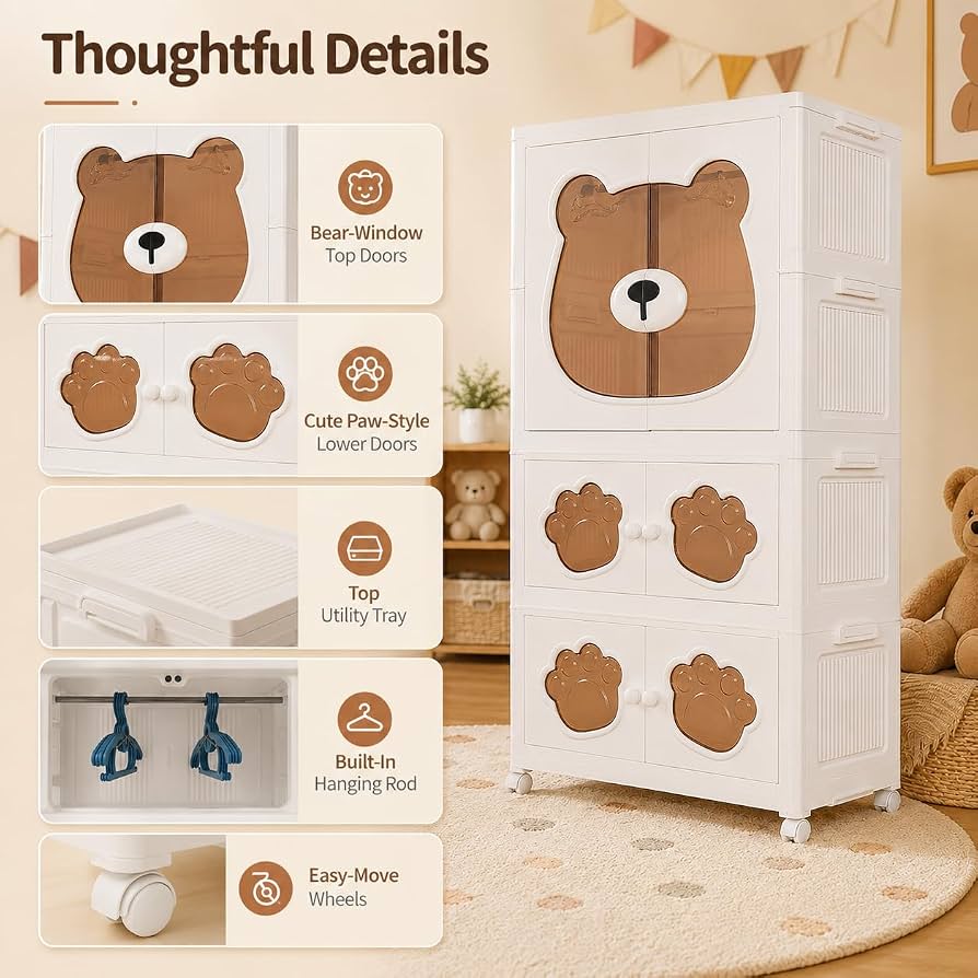Bear Kids Wardrobe 4 Layer Foldable Storage Cabinet - Plastic Almirah for Kids Clothes, Toys Organizer with Hanging Rod & Wheels