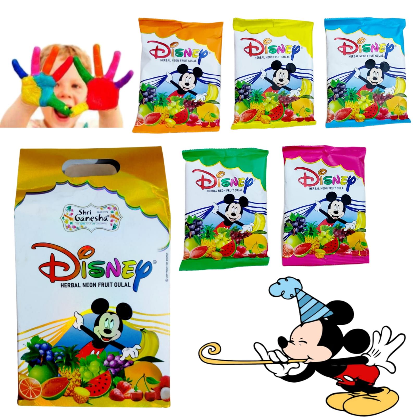 Shri Ganesha Herbal Neon Fruit Gulal Colors (Safe & Organic) For Childrens, Pack of 5