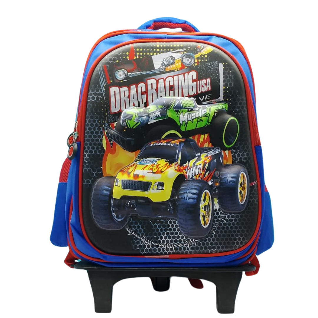 Drag Racing Printed Trolley Backpack For Kids (Navy Blue)