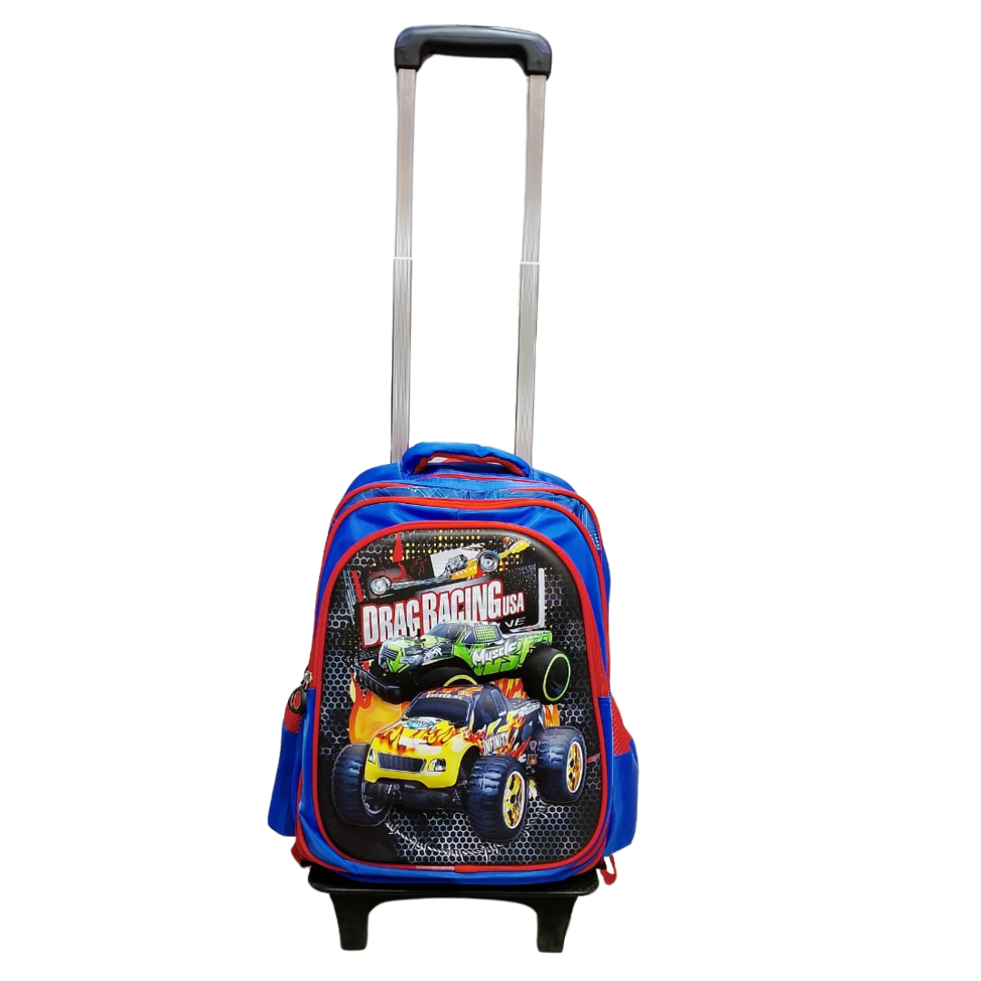 Drag Racing Printed Trolley Backpack For Kids (Navy Blue)