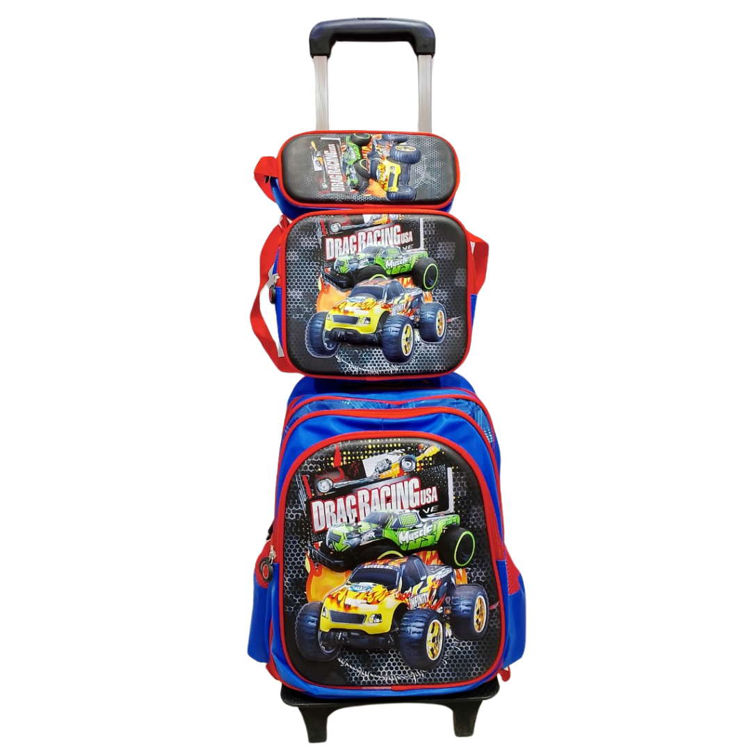 Drag Racing Printed Trolley Backpack For Kids (Navy Blue)