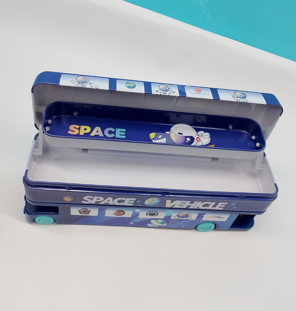 Bus Toy Metal Pencil Box with Moving Tyres & Sharpener