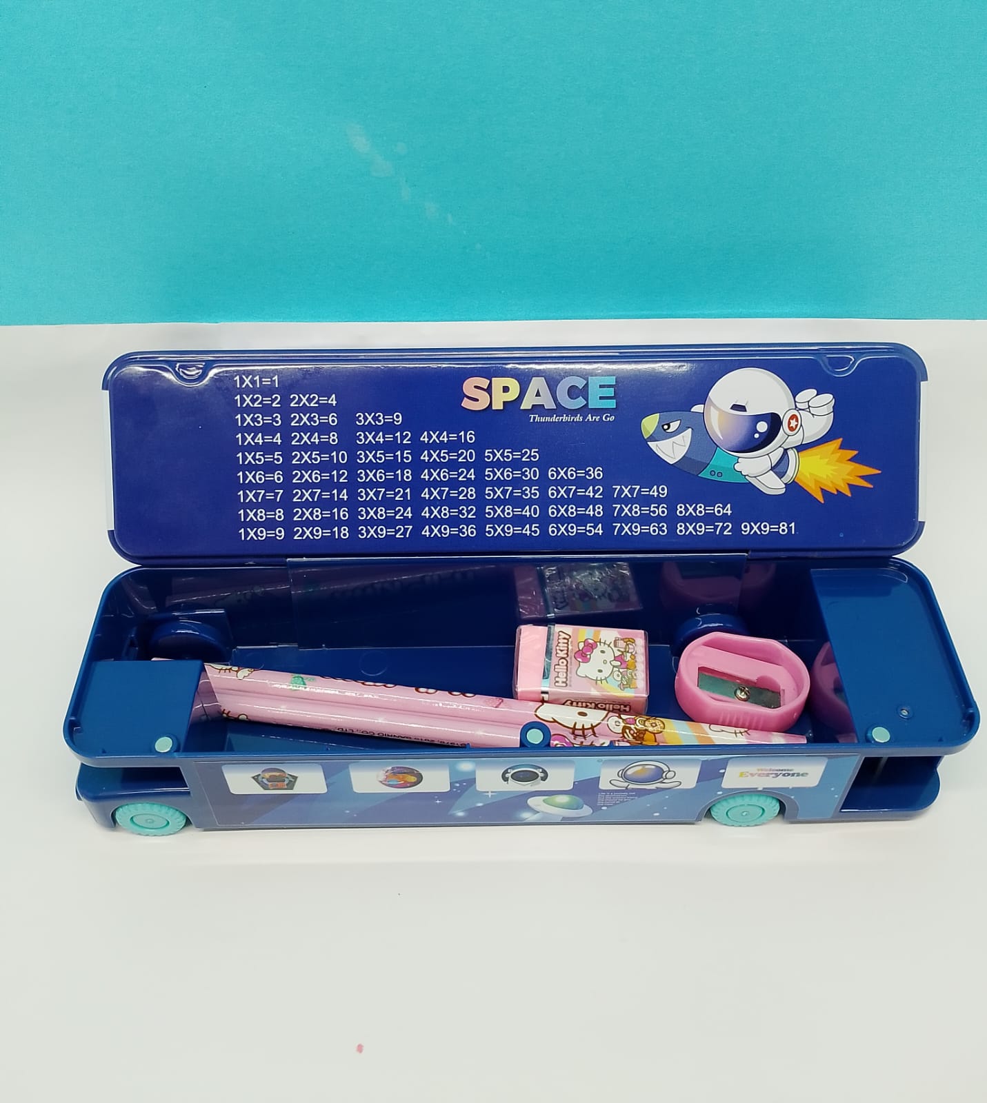 Bus Toy Metal Pencil Box with Moving Tyres & Sharpener
