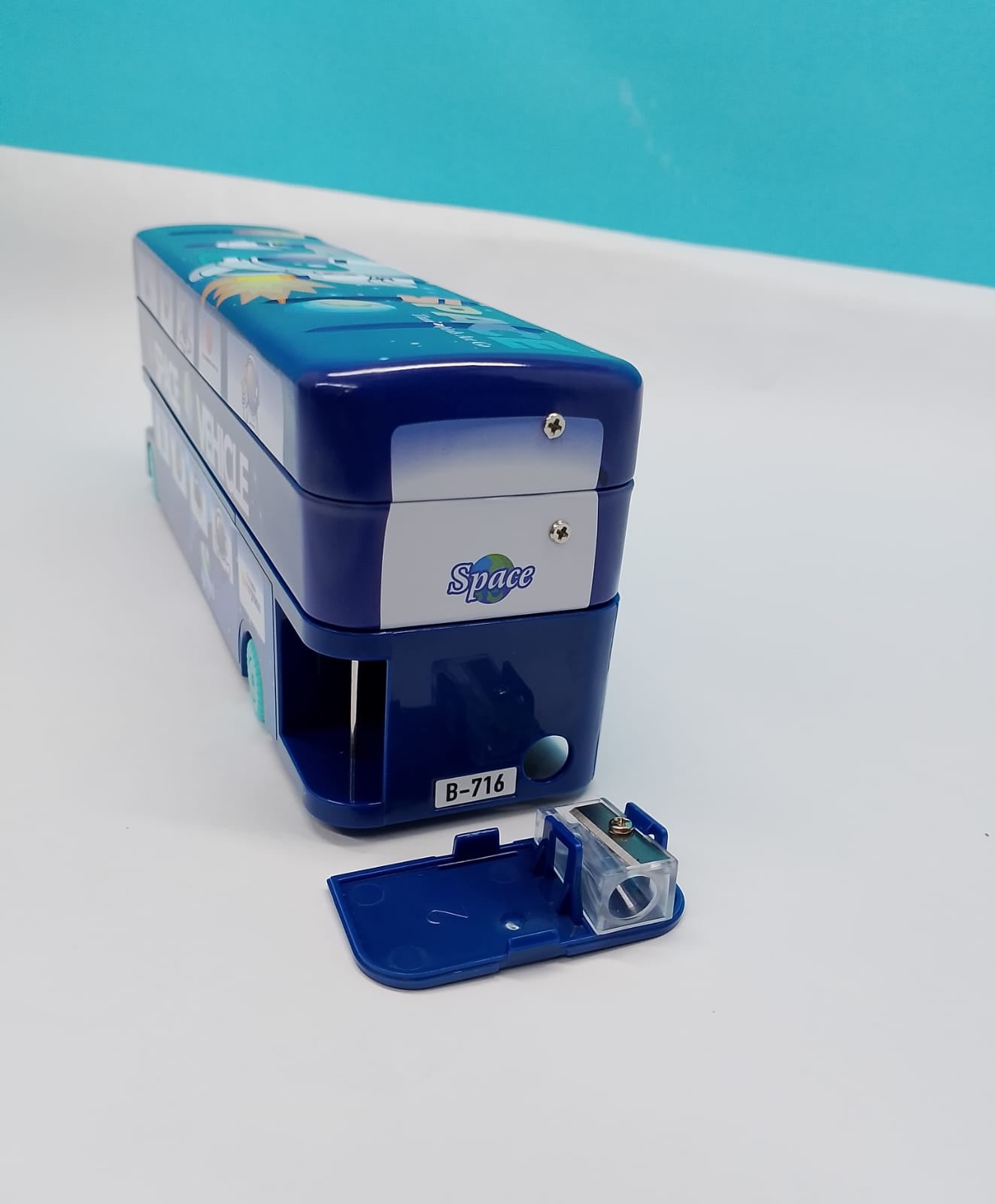 Bus Toy Metal Pencil Box with Moving Tyres & Sharpener