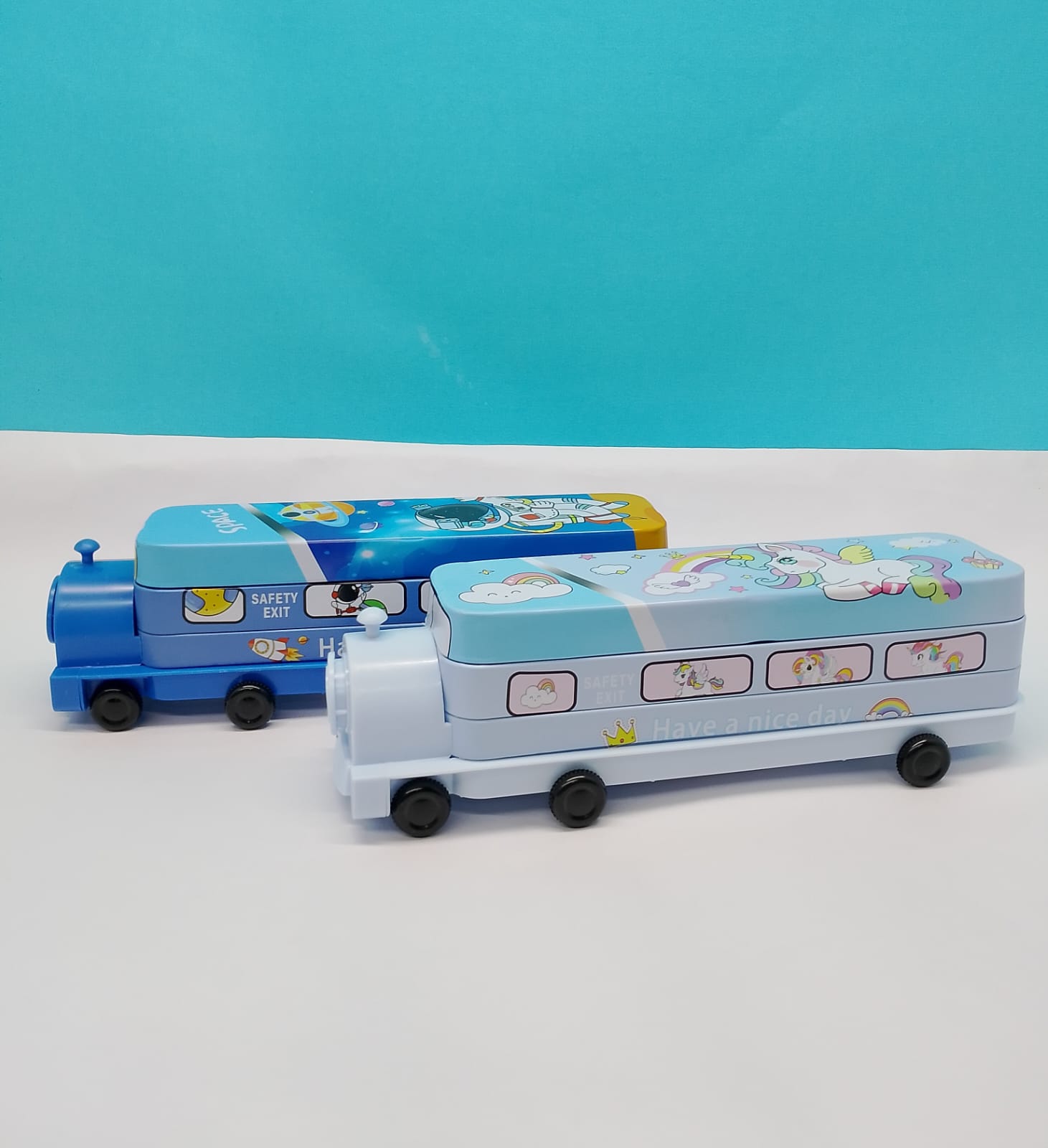 Kids Bus Pencil Box with Moving Tyres & Sharpener