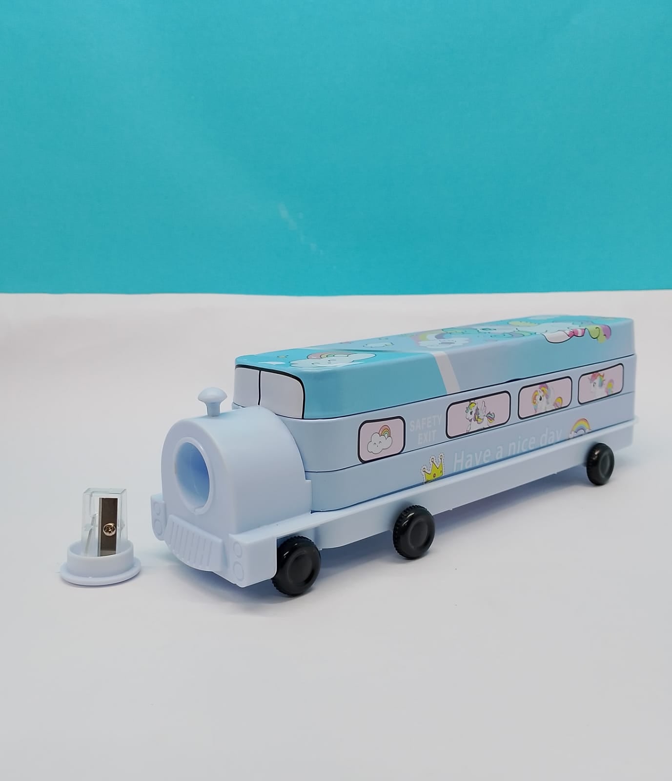 Kids Bus Pencil Box with Moving Tyres & Sharpener