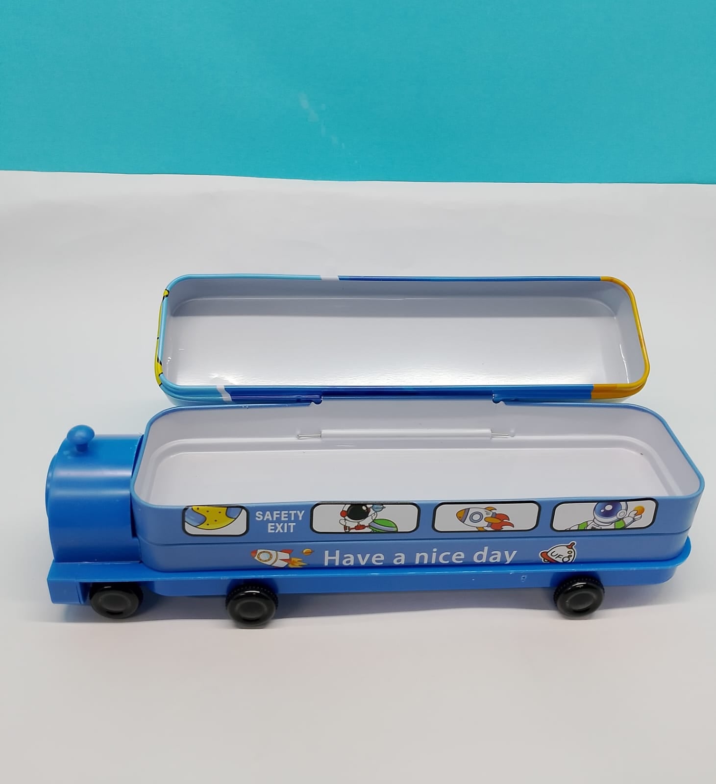 Kids Bus Pencil Box with Moving Tyres & Sharpener