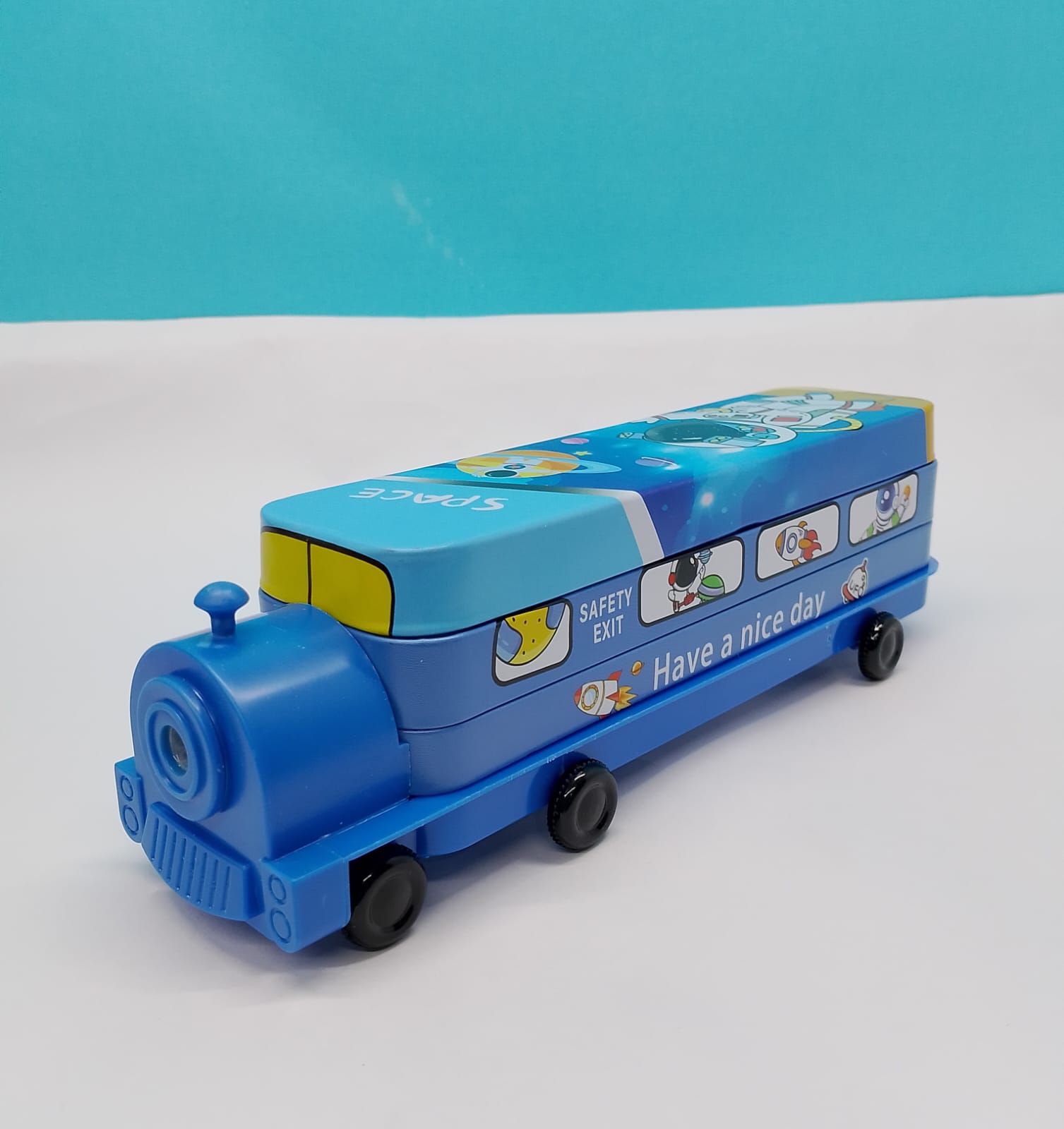 Kids Bus Pencil Box with Moving Tyres & Sharpener