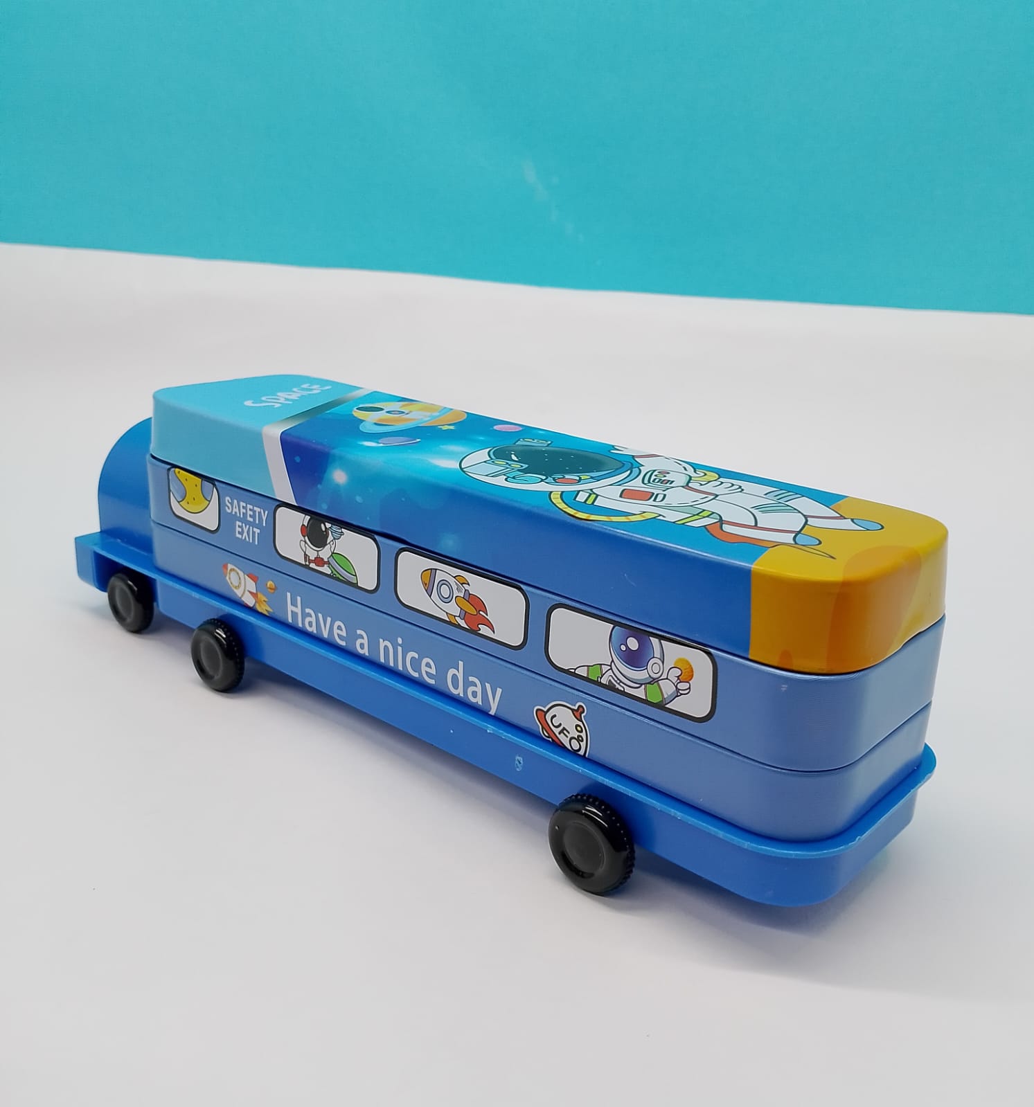 Kids Bus Pencil Box with Moving Tyres & Sharpener