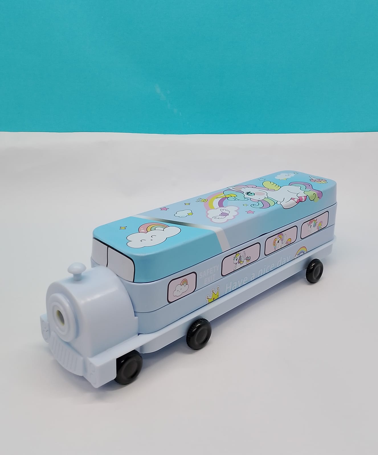 Kids Bus Pencil Box with Moving Tyres & Sharpener