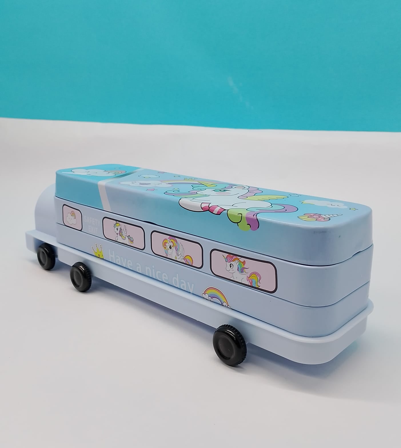 Kids Bus Pencil Box with Moving Tyres & Sharpener