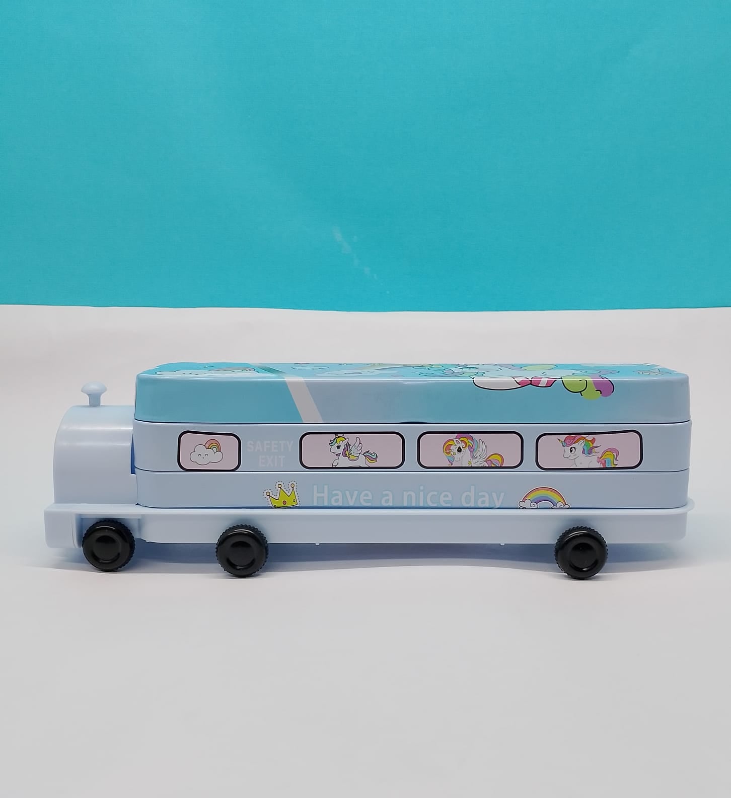 Kids Bus Pencil Box with Moving Tyres & Sharpener