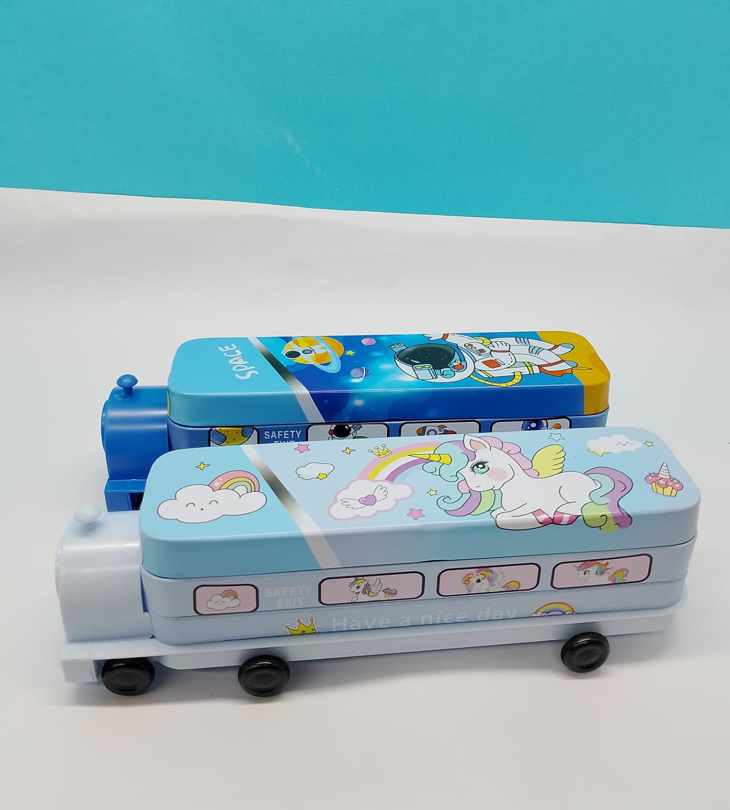 Kids Bus Pencil Box with Moving Tyres & Sharpener