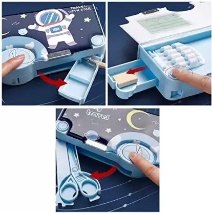 Astronaut, Universe Print Multi Compartment Button Operated Magnetic Compass Box For Kids