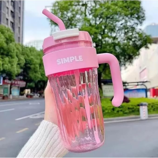 Simple Water Bottle with Straw,  Handle Mug Cup (Pink)