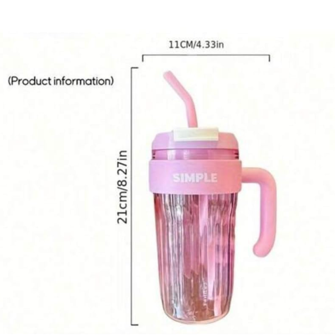 Simple Water Bottle with Straw,  Handle Mug Cup (Pink)